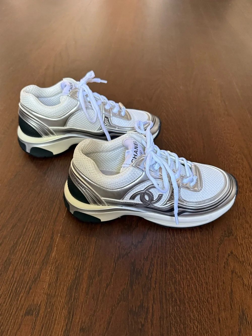 CHANEL White and Silver Metallic Leather Mesh Sneakers - Trainers - 37
